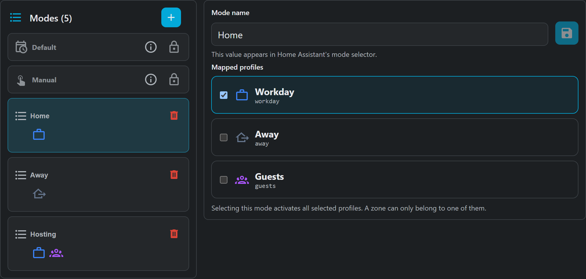 Velair Modes editor mapping a Mode to reusable Profiles