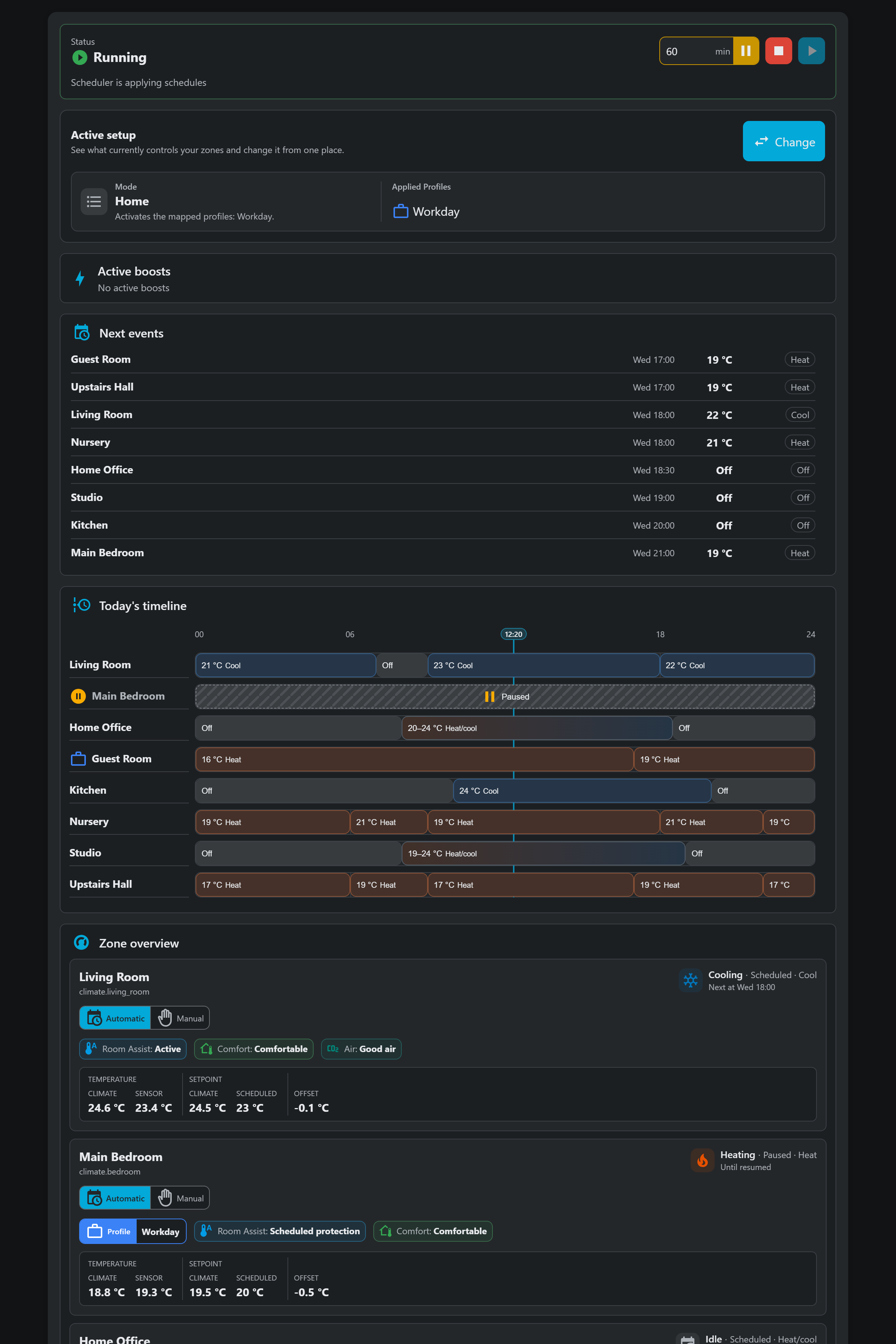 Velair Overview showing scheduler status, active setup, timeline and climate zones
