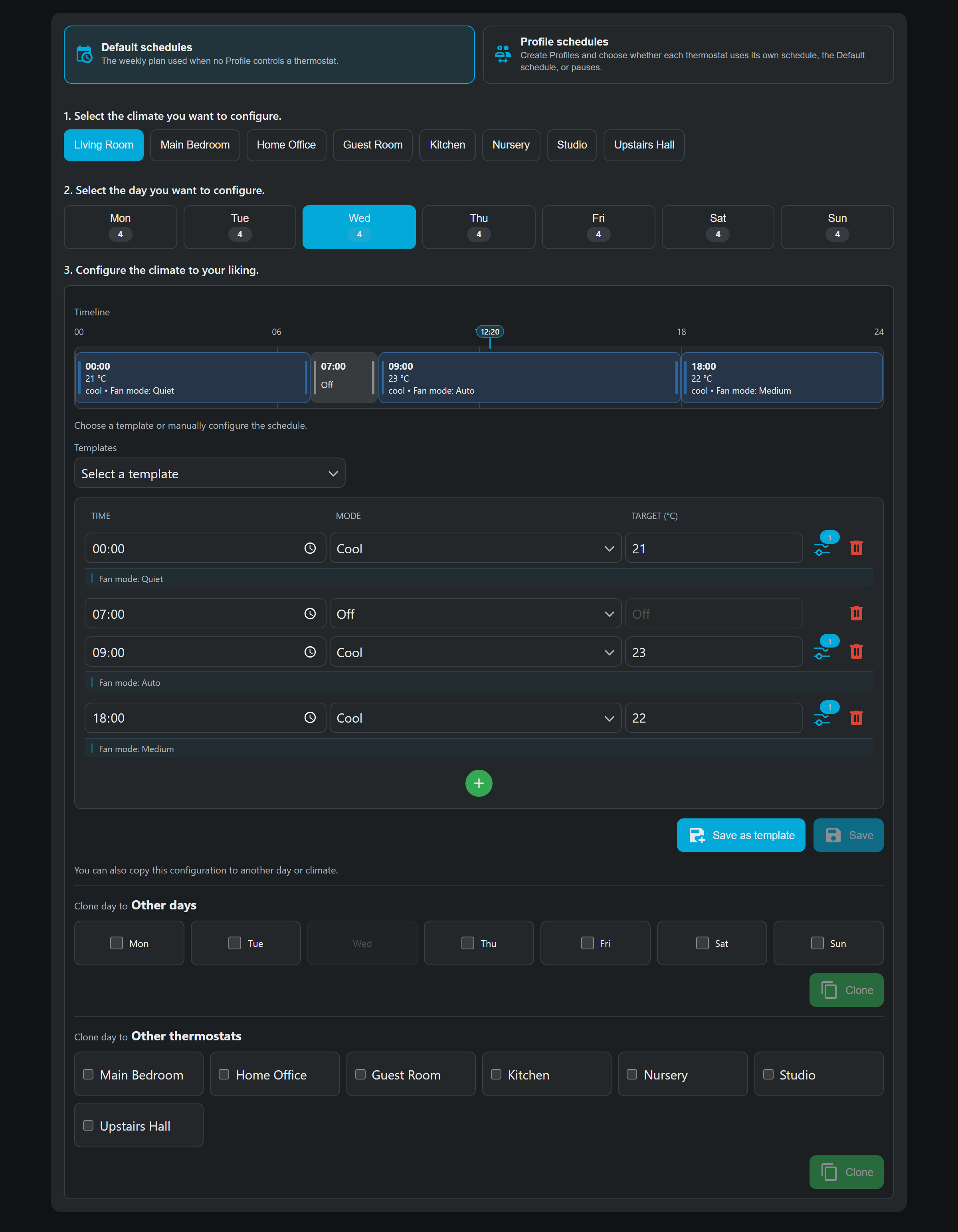 Velair visual schedule editor with a daily timeline and climate blocks